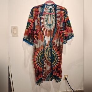 Asha One Size Sheer Mesh Multicolored Embroidery Cover Up/outfit Topper